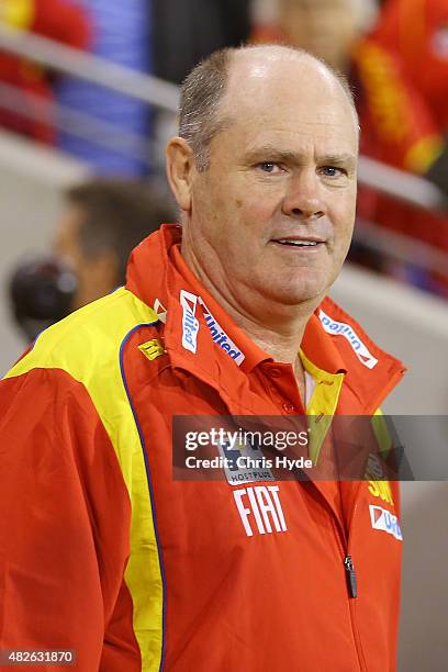 Suns coach Rodney Eade looks on after a draw during the round 18 AFL match between the Gold Coast Suns and the West Coast Eagles at Metricon Stadium...