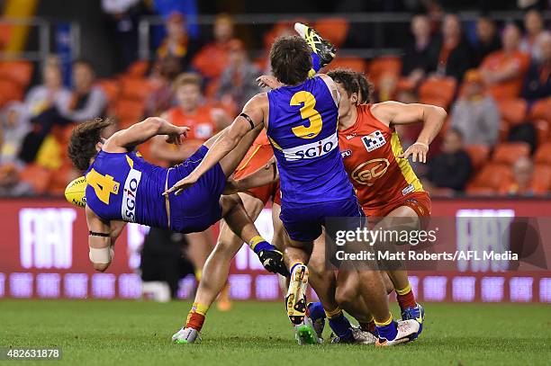 Dom Sheed of the Eagles marks during the round 18 AFL match between the Gold Coast Suns and the West Coast Eagles at Metricon Stadium on August 1,...