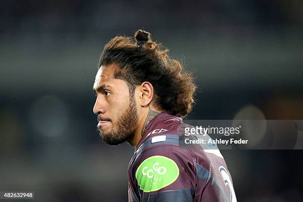 Jorge Taufua of Manly looks on during the round 21 NRL match between the Manly Sea Eagles and the Brisbane Broncos at Central Coast Stadium on August...