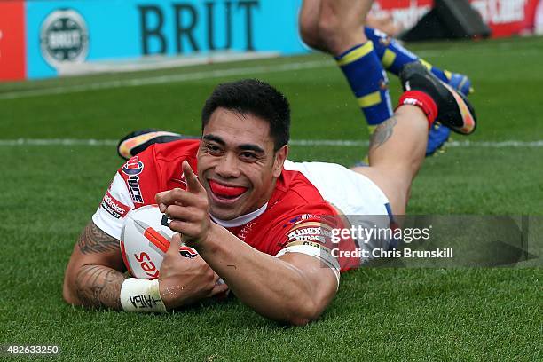 Ken Sio of Hull KR goes over for a try during the Ladbrokes Challenge Cup Semi-Final match between Warrington Wolves and Hull KR at the Headingley...