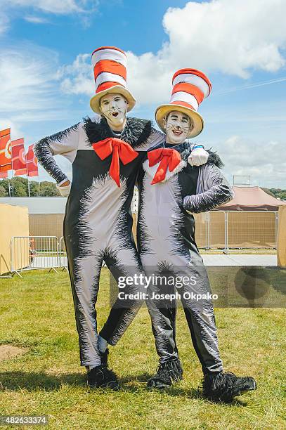 Performers from the Cat in the Hat pose backstage on Day 3 of Camp Bestival on August 1, 2015 in Wareham, United Kingdom.