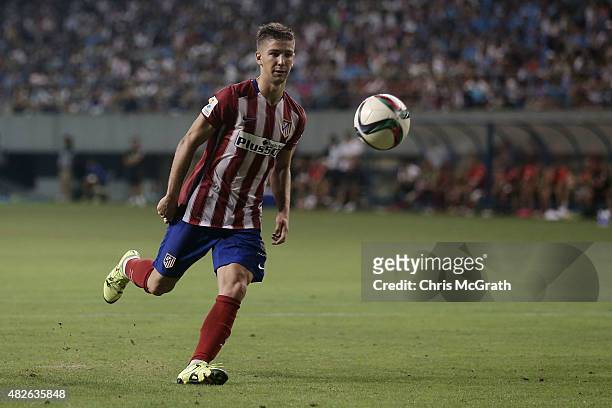 Luciano Vietto of Atletico Madrid kicks the winning goal during a penalty shoot out against Sagan Tosu F.C. During the friendly match between...