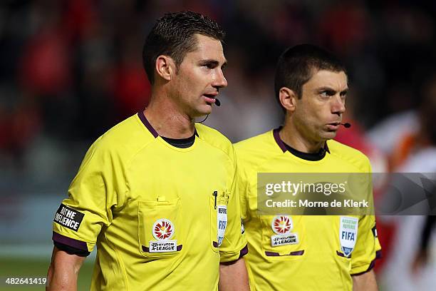 Referee Ben Williams leaves the field after the round 26 A-League match between Adelaide United and Melbourne Heart at Coopers Stadium on April 4,...