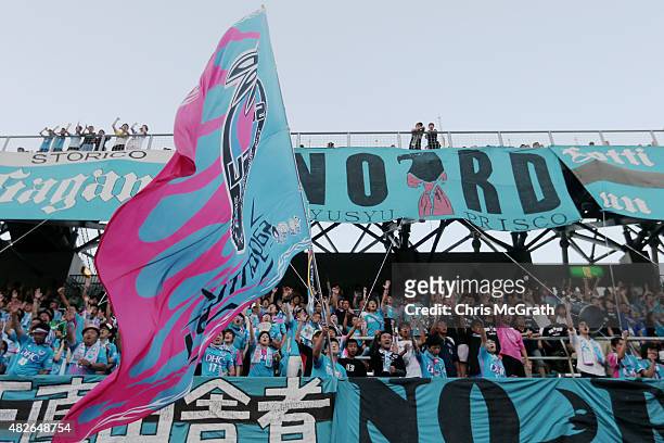 Sagan Tosu F.C. Supporters cheer ahead of the start of the friendly match between Atletico Madrid and Sagan Tosu F.C. At Tosu Stadium on August 1,...