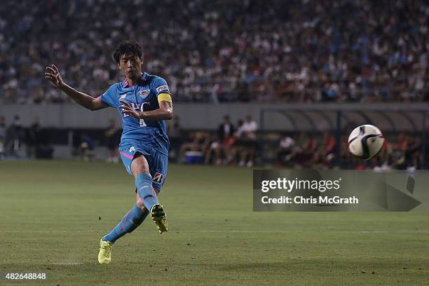 Teruaki Kobayashi of Sagan Tosu F.C. Takes a shot at goal in the penalty shoot out during the friendly match between Atletico Madrid and Sagan Tosu...