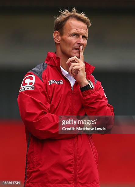 Teddy Sheringham, Manager of Stevenage looks on during a pre-season friendly match between Stevenage and Tottenham XI at the Lamax Stadium on August...