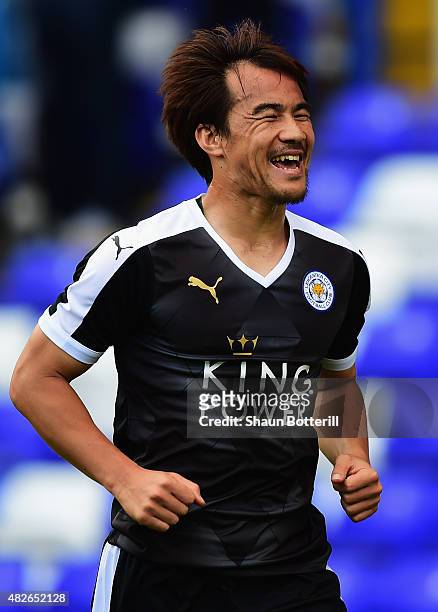 Shinji Okazaki of Leicester City celebrates after scoring during the Pre-Season Friendly match between Birmingham City and Leicester City at St...