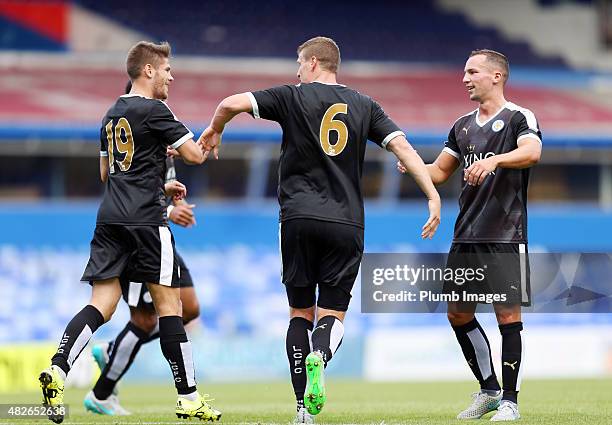 Robert Huth of Leicester City celebrates after pulling a goal back to make 2-1 during the pre-season friendly between Birmingham City and Leicester...