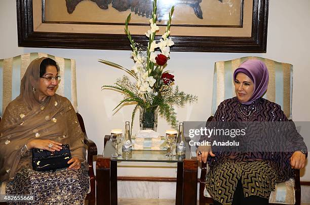 Turkey's President Recep Tayyip Erdogan's wife Emine Erdogan meets Pakistani Prime Minister Nawaz Sharif's wife Kalsoom Nawaz Sharif in Islambad on...