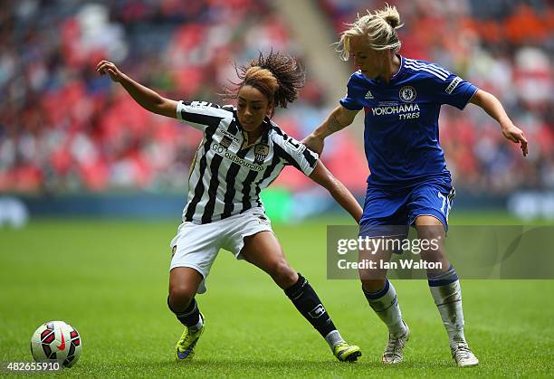 Gemma Davison of Chelsea Ladies FC tries to tackle Jess Clark of Notts County Ladies during the Women's FA Cup Final match between Chelsea Ladies FC...