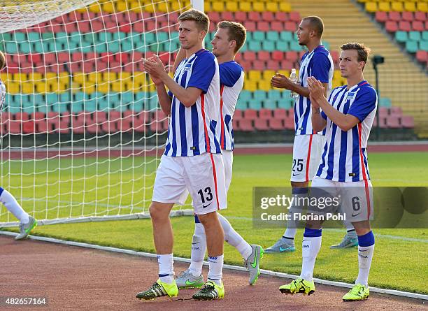 Hertha Team acknowledges the fans during the game between Hertha BSC and CFC Genua on august 1, 2015 in Berlin, Germany.