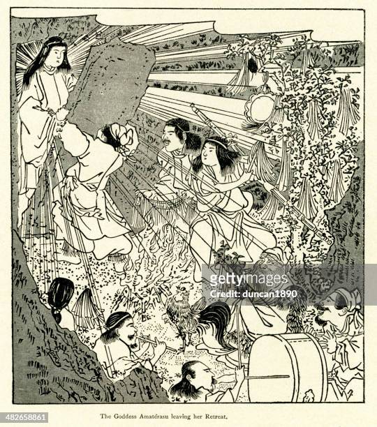 amaterasu leaving her retreat - mythology stock illustrations
