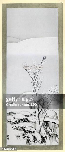 snow covered landscape - woodcut stock illustrations