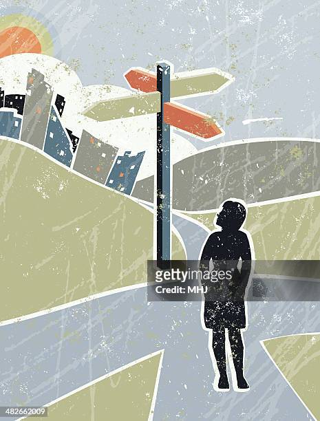 business woman looking at road sign in countryside, crossroads - crossroad stock illustrations