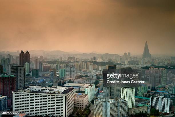 Skyline view of the capital city of North Korea, Pyongyang. 60 years after the Korean War, it is clear that not much has changed in North Korea. The...