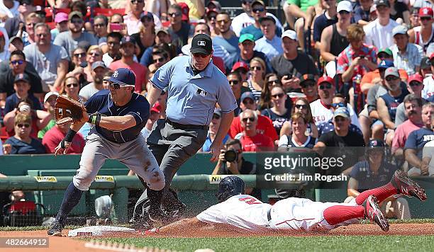 Xander Bogaerts of the Boston Red Sox steals third as Evan Longoria of the Tampa Bay Rays takes the throw in the second inning at Fenway Park on...