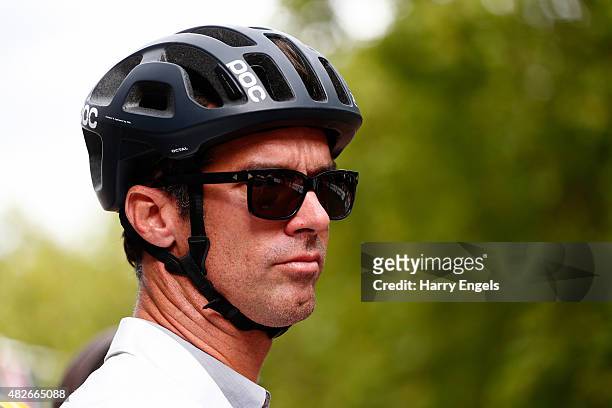 Former professional road cyclist David Millar prepares for the start of the Brompton World Championship race ahead of the Ride London Women's Grand...