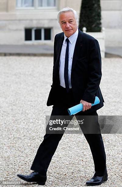 Francois Rebsamen, Minister of Labour, Employment and Social Dialogue arrives to attend a cabinet meeting at the Elysee Palace on April 4, 2014 in...