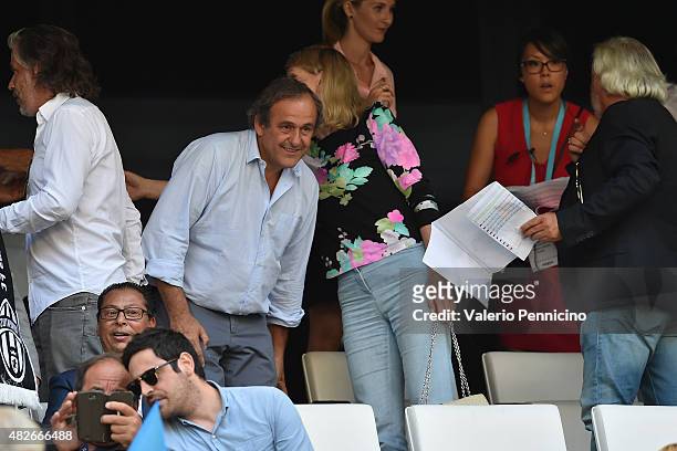 President Michel Platini looks on during the preseason friendly match between Olympique de Marseille and Juventus FC at Stade Velodrome on August 1,...