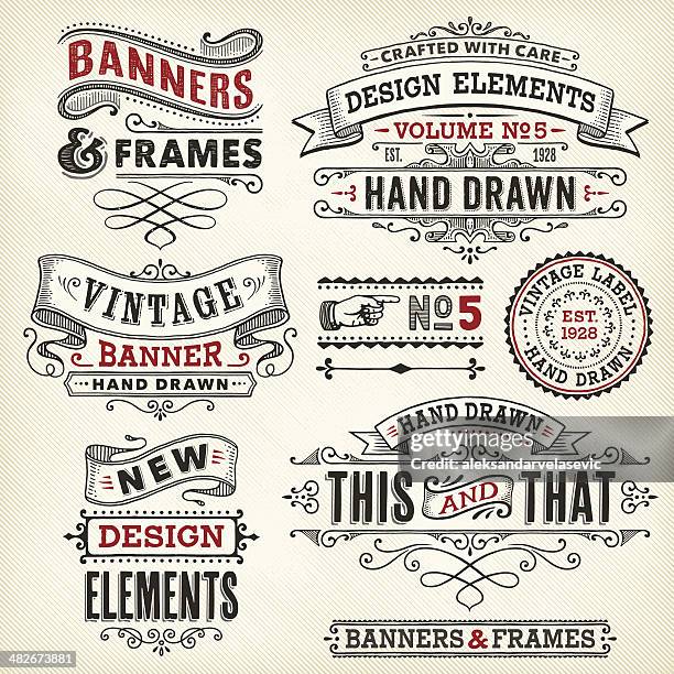 illustrazioni stock, clip art, cartoni animati e icone di tendenza di vintage cornici e banner disegnati a mano - stile retrò