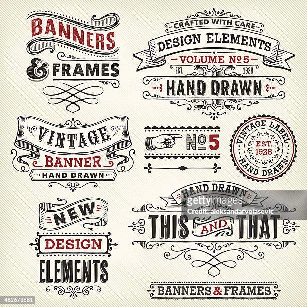 vintage frames and banners hand drawn - old fashioned stock illustrations