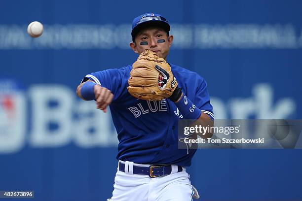 Munenori Kawasaki of the Toronto Blue Jays warms up before the start of the inning during MLB game action against the Kansas City Royals on August 1,...