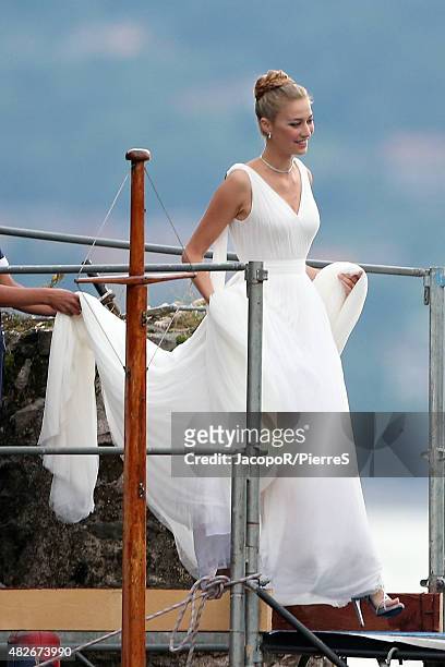 Beatrice Boromeo leaves Isola Madre to attend her wedding party on August 1, 2015 in Stresa, Italy.