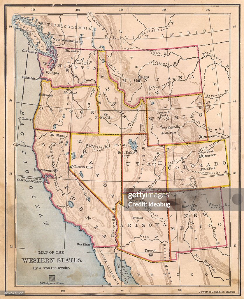 Old, Color Map of Western United States, From 1800's