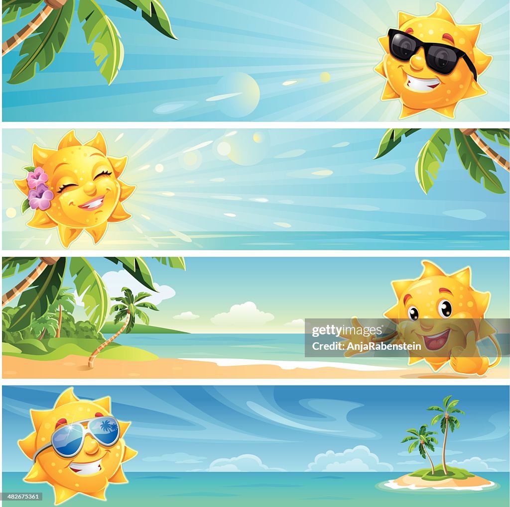 Summer Banner Cartoon Sun With Tropical Beach Background Wearing Sunglasses  High-Res Vector Graphic - Getty Images
