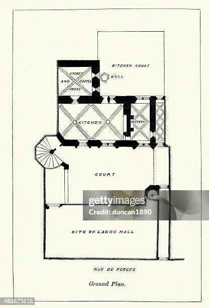 medieval architecture - plan of the hotel chambellan - dijon stock illustrations