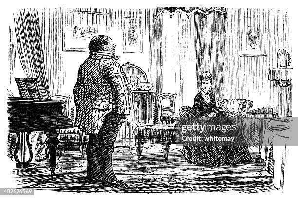 victorian lady talking to her butler - grand piano inside stock illustrations