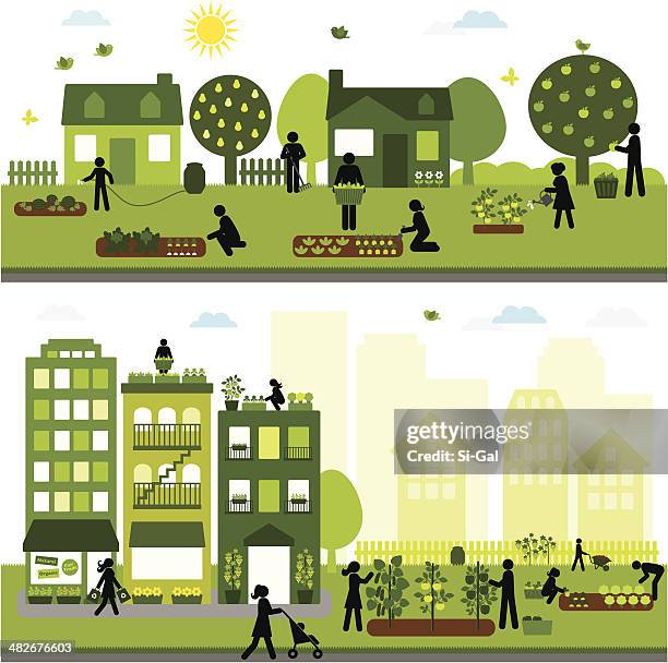 urban landwirtschaft community - leben in der stadt stock-grafiken, -clipart, -cartoons und -symbole