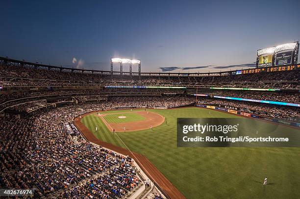 General view of an overall of Citi Field at dusk from the upper deck during the game between the New York Mets and the Los Angeles Dodgers at Citi...