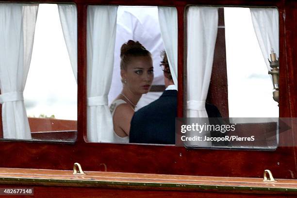 Pierre Casiraghi and Beatrice Boromeo leave Isola Madre to attend their wedding party on August 1, 2015 in Stresa, Italy.