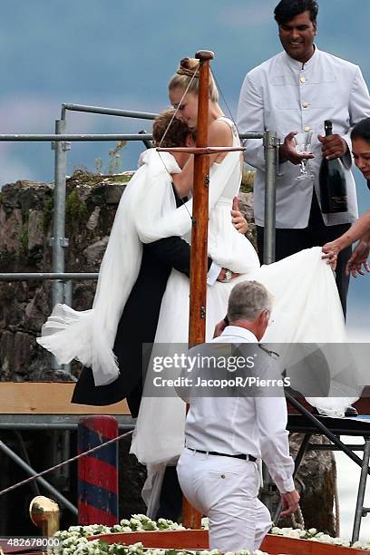 Pierre Casiraghi and Beatrice Boromeo leave Isola Madre to attend their wedding party on August 1, 2015 in Stresa, Italy.