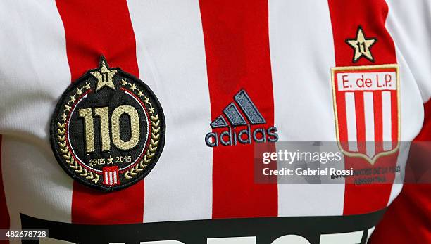 Detail of Estudiantes´s jersey during a match between Estudiantes and Nueva Chicago as part of 19th round of Torneo Primera Division 2015 at Ciudad...