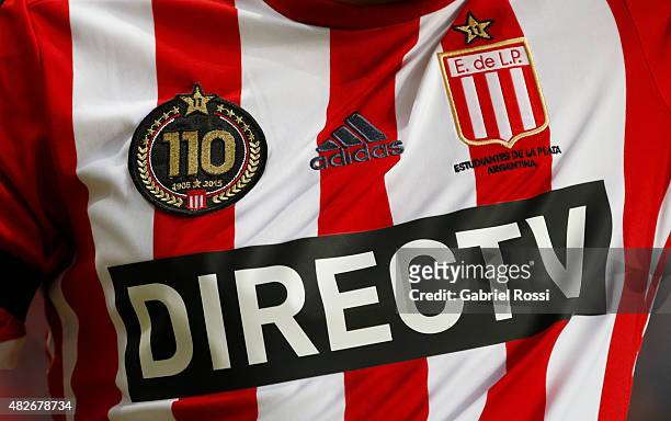 Detail of Estudiantes´s jersey during a match between Estudiantes and Nueva Chicago as part of 19th round of Torneo Primera Division 2015 at Ciudad...