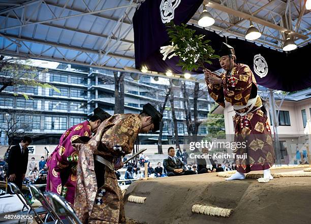 Ritual purification ceremony is performed by the sumo referees during the Ceremonial Sumo Tournament or Honozumo at the Yasukuni Shrine on April 4,...