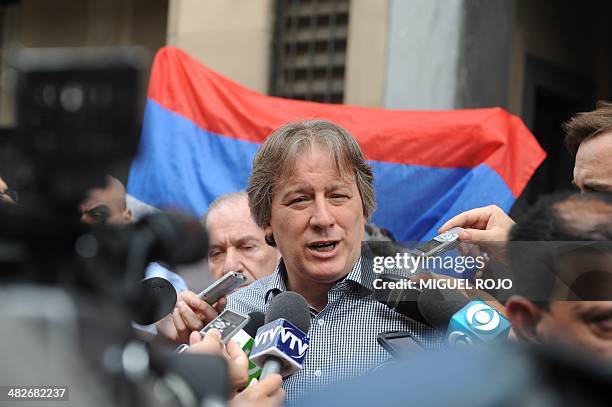 Former Uruguayan Economy Minister Fernando Lorenzo speaks with the press upon leaving the court on April 4, 2014 in Montevideo. Lorenzo was...