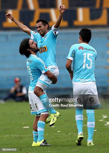 Carlos Lobaton of Sporting Cristal celebrates the first goal of his team against Sport Huancayo during a match between Sporting Cristal and Sport...