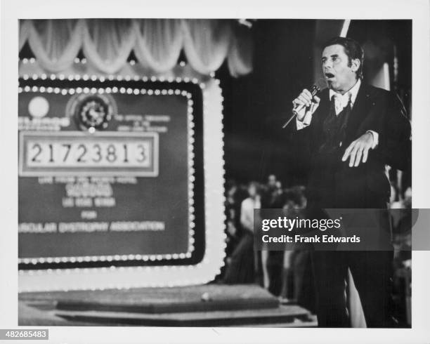 Comedian Jerry Lewis on stage at the Jerry Lewis Telethon at the Sahara Hotel, Las Vegas, September 1976.