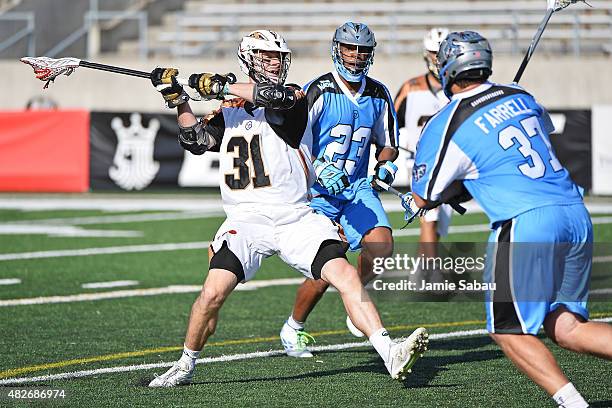 John Ranagan of the Rochester Rattlers winds up to shoot on goal in the fourth quarter against the Ohio Machine on August 1, 2015 at Selby Stadium in...