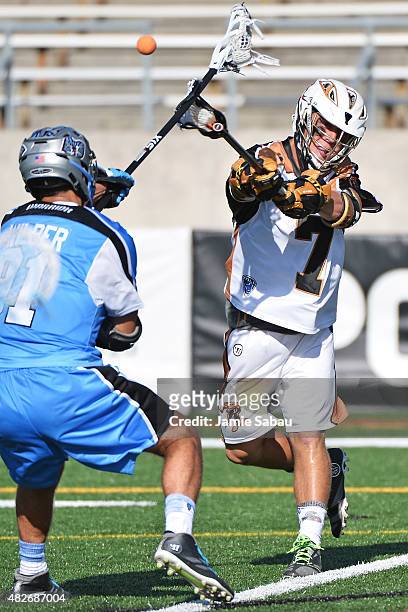 Kevin Rice of the Rochester Rattlers shoots on goal past the defense of Dana Wilber of the Ohio Machine in the fourth quarter on August 1, 2015 at...