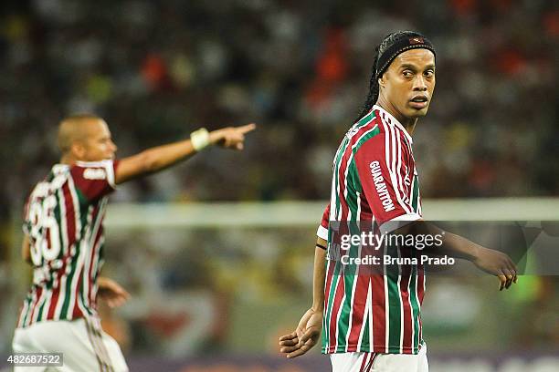 Ronaldinho of Fluminense during the Brasileirao Series A 2015 match between Fluminense and Gremio at Maracana Stadium on August 01, 2015 in Rio de...