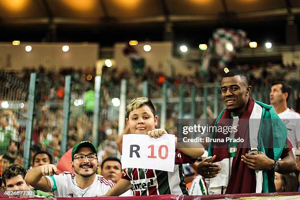 Fans of Fluminense during the Brasileirao Series A 2015 match between Fluminense and Gremio at Maracana Stadium on August 01, 2015 in Rio de Janeiro,...