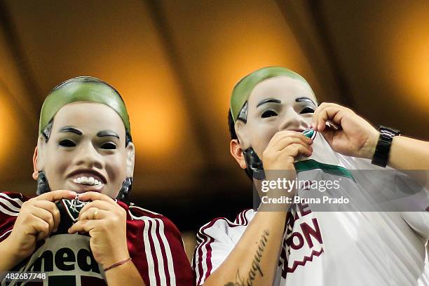 Fans of Fluminense during the Brasileirao Series A 2015 match between Fluminense and Gremio at Maracana Stadium on August 01, 2015 in Rio de Janeiro,...