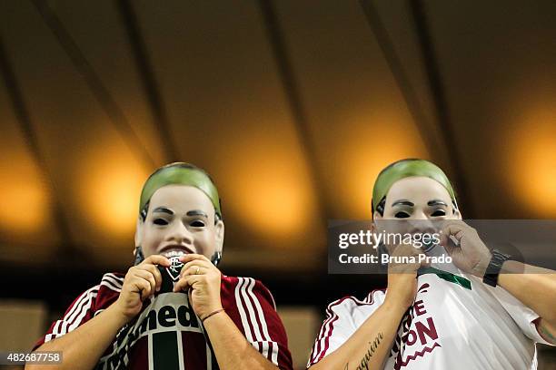 Fans of Fluminense during the Brasileirao Series A 2015 match between Fluminense and Gremio at Maracana Stadium on August 01, 2015 in Rio de Janeiro,...