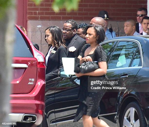 Bobby Brown attends the funeral of Bobbi Kristina Brown at the St. James United Methodist Church on August 1, 2015 in Alpharetta, Georgia. Brown, the...