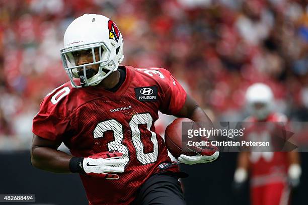 Running back Stepfan Taylor of the Arizona Cardinals rushes the football during the team training camp at University of Phoenix Stadium on August 1,...