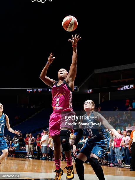 Odyssey Sims of the Tulsa Shock goes for the layup against the Minnesota Lynx on August 1, 2015 at the BOK Center in Tulsa, Oklahoma. NOTE TO USER:...